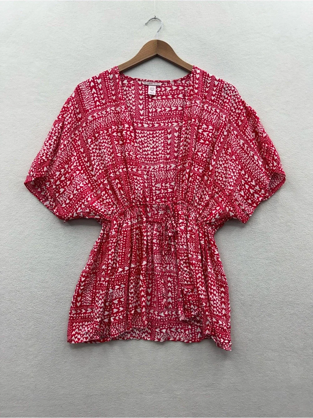 Victorias Secret Women’s One Size Kimono Red Heart Print Tie Front Beachy Boho